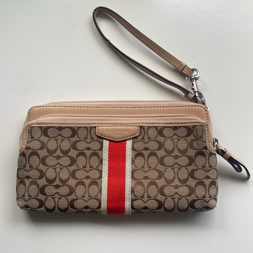 Coach Double Zip Wallet Wristlet In Signature Canvas with red Lining, NWOT